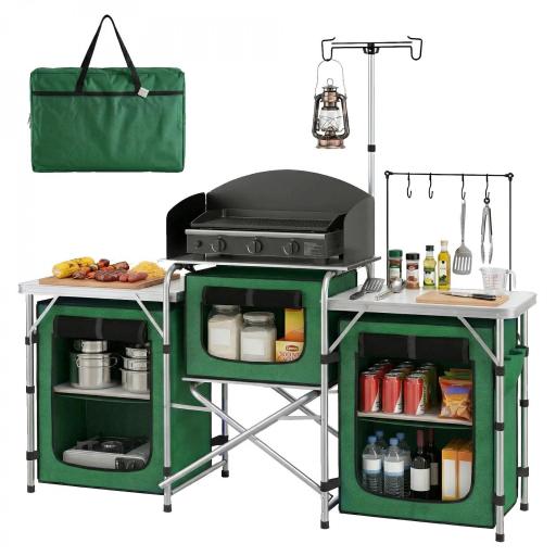 Mueble de Cocina para Camping Plegable con 3 Mesas 4 Ganchos Poste de Luz y Bolsa de Transporte 172x48x130 cm Verde [9]