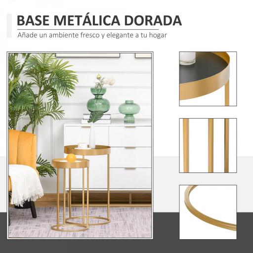 Juego de 2 Mesas de Café Moderno Set de 2 Mesas de Centro Apilables Estructura de Metal Dorado Sala de Estar Ø39x63 cm y Ø30,8x56 cm Encimera Negro y Blanco [4]