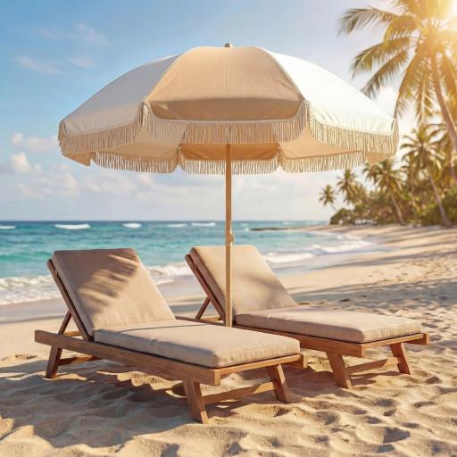 Sombrilla de Playa con Flecos Ø175 cm Sombrilla de Terraza Exterior con Altura Ajustable Inclinación 30° Blanco y Beige