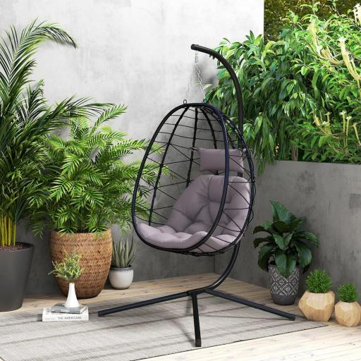 Silla Colgante Huevo con Soporte con Cesta Plegable Cojín y Reposacabezas para Interior y Exterior Carga 120 kg Gris [6]