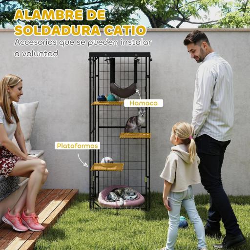 Jaula para Gatos Exterior e Interior Metálica con Cubierta Impermeable Perchas Hamaca y Puerta 61,5x55x157 cm Negro [2]