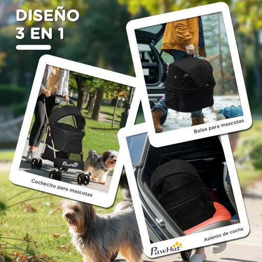 Carrito para Perros Pequeños 3 en 1 con Vagón Desmontable Cesta de Almacenaje Correas de Seguridad y Cojín Negro [3]