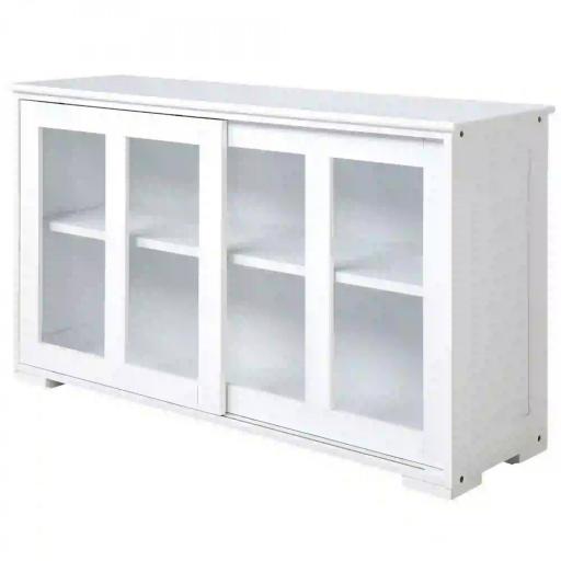 Aparador de Cocina Moderno Mueble Auxiliar con 2 Puertas Corredizas de Vidrio y Estante Ajustable 107x33x62,5 cm Blanco [3]