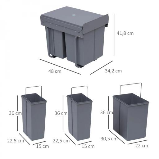 Cubo Basura Extraible Bajo Fregadero con 3 Contenedores de Reciclaje Clasificación de Residuos 48x34,2x41,8 cm Gris [1]