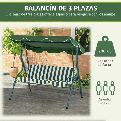 Balancín de Exterior con Toldo Ajustable en Ángulo Impermeable y Marco de Acero para Patio Balcón 170x110x153 cm Verde [5]