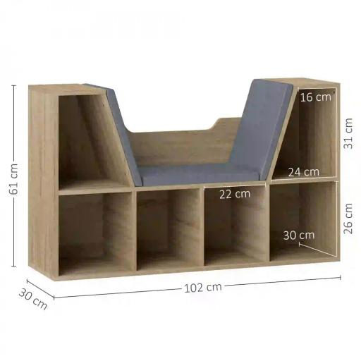 Librería con Asiento Estantería de Libros con 6 Cubos Cojín para Sala de Estar Dormitorio 102x30x61cm Roble y Gris [1]