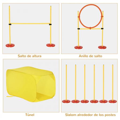 Conjunto 4 Obstáculos de Entrenamiento para Perro Set de Agilidad para Mascotas Estable Altura Ajustable de Aro con Túnel Postes y Bolsa Transporte Amarillo [2]