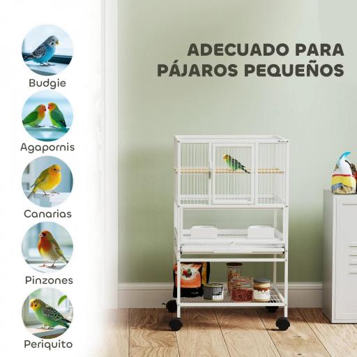 Jaula para Pájaros con Paneles Acrílicos Comederos Soporte Ruedas y Estante Inferior 48x46x83 cm Blanco [7]
