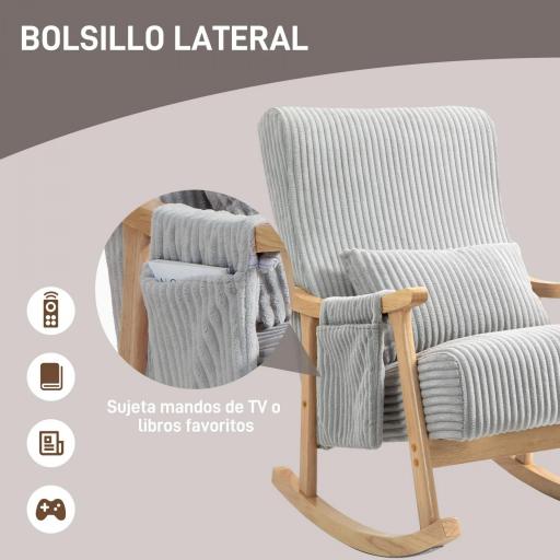 Silla Mecedora de Pana con Patas y Reposabrazos de Madera de Caucho Cojín Lumbar y Bolsillo Carga 120 kg Gris [4]