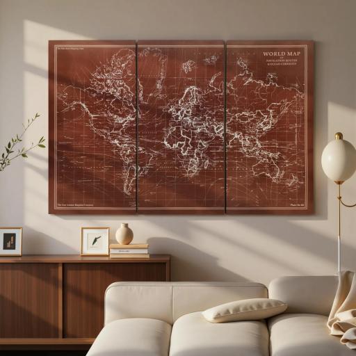 Cuadros en Lienzo Trípticos Mapamundi Vintage a Mano 120x60 cm con Marco de Madera Decoración para Dormitorio Marrón [8]