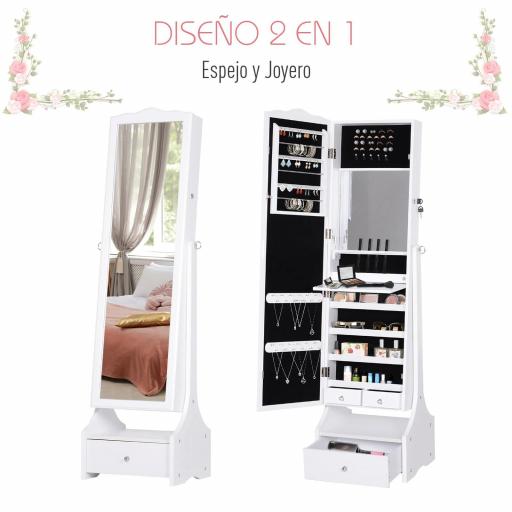 Espejo Joyero de Pie Armario de Joyería con Luces LED Cerradura Cajones Espejo y Mesa Interior Abatible para Comésticos 45x36x150cm [3]