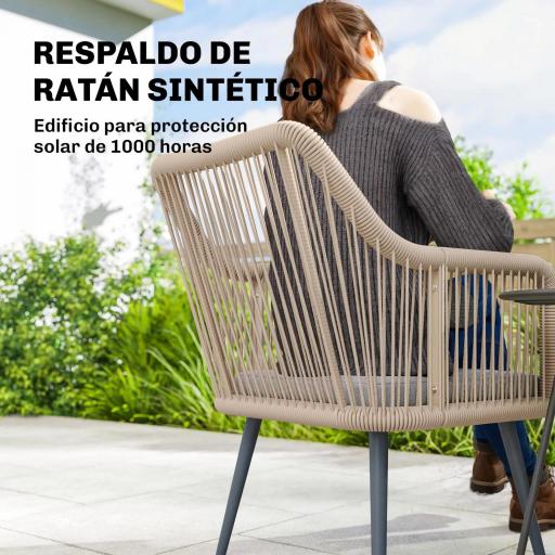 Set de 2 Sillas de Jardín Exterior de Ratán con Cojines Reposabrazos y Marco de Acero para Terraza 54x65x80 cm Gris [2]