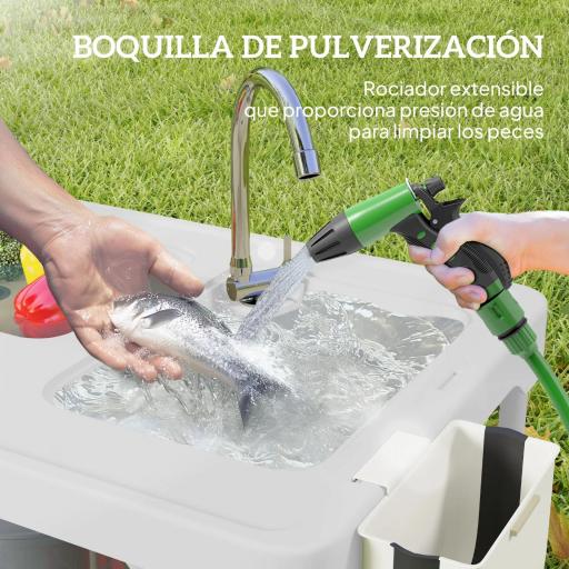 Mesa Plegable para Camping con 2 Fregaderos Manguera de Drenaje Estación de Limpieza y Grifo Blanco [5]