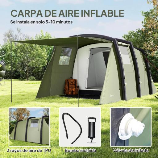 Tienda de Campaña Inflable Tipo Túnel para 3-6 Personas con Vestíbulo Ventanas de Malla y Bolsa Impermeable Verde Oliva [2]