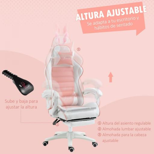 Silla Gaming Profesional de Cuero PU con Altura Ajustable Inclinable 135° Reposacabezas 65x63x136-142 cm Rosa y Blanco [3]