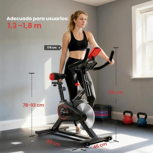 Bicicleta Estática Ciclo Indoor con Pantalla LCD Pulsómetro Sillín y Manillar Ajustables en Altura Volante de Inercia de 6 kg y Resistencia Regulable 85x46x114 cm Negro y Rojo [1]
