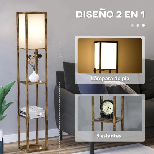 Lámpara de Pie con 3 Estantes de Almacenaje para Bombilla E27 Potencia Máx. 40W para Salón 26x26x160 cm Marrón Rústico [2]
