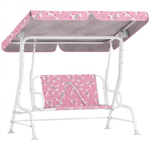 Columpio Jardín Exterior para niños 2 Plazas Toldo Ajustable Cinturones de Seguridad Diseño de Unicornio Arcoíris Rosa [9]