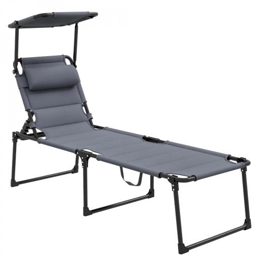 Tumbona de Jardín con Toldo Ajustable Respaldo Regulable en 4 Niveles Reposacabezas para Terraza 70x200x45 cm Gris [9]