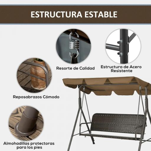 Balancín de Jardín Exterior de 3 Plazas con Toldo Ajustable Asiento de Ratán PE y Reposabrazos 167x112x153 cm Marrón [2]