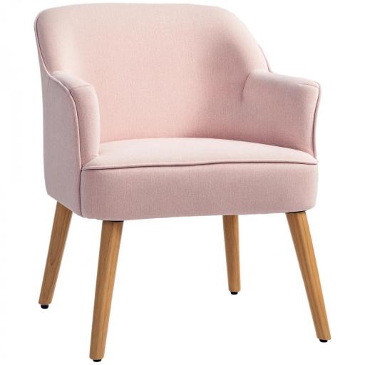 Butaca de Salón Moderna Sillón Individual Tapizado en Lino con Patas de Madera Carga 120 kg 64,5x65x79,5 cm Rosa [9]