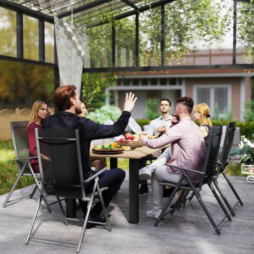 Mesa de Jardín Rectangular de Acero 150x90x73 cm para 6 Personas con Orificio para Sombrilla Diseño con Lamas Marrón [6]