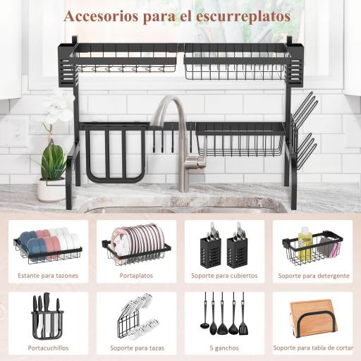 Escurreplatos de Acero de 2 Niveles para Fregadero con Diferentes Soportes y 5 Ganchos 65x31,5x52,5cm Negro [2]