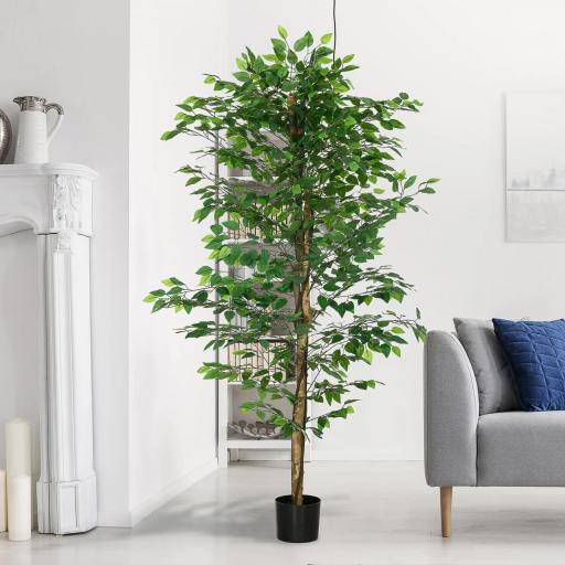 Planta Artificial con Troncos Naturales 180 cm Ficus Sintética con 1260 Hojas Decoración para Hogar Verde [9]