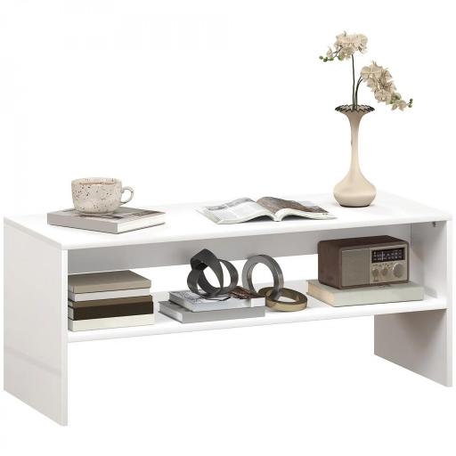 Mesa de Centro Mesa Auxiliar con Compartimento Abierto Mesa de Café 100x40x41,5 cm Blanco Brillante [9]