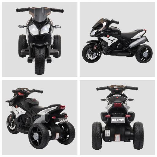 Moto Eléctrica Infantil con 3 Ruedas Trimoto para Niños de +3 Años con Batería 6V Recargable Funciones de Música Bocina Faros 86x42x52 cm Negro y Blanco [5]