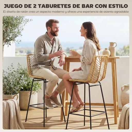 Taburetes Altos de Cocina Juego de 2 con Asiento de Ratán Sintético Taburetes de Bar con Patas de Acero 42,5x52x102 cm Natural [4]