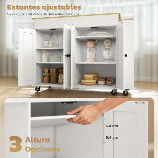 Isla de Cocina con Ruedas Encimera Extensible 4 Puertas Estantes Ajustables Especiero y Soporte para Toallas Blanco [3]