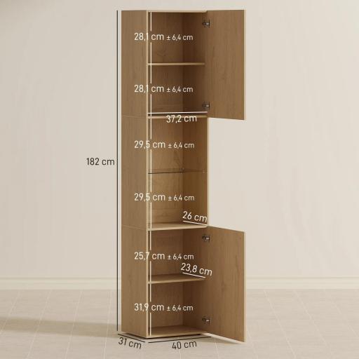 Armario de Baño Alto de 6 Niveles con 2 Puertas Estante de Vidrio Templado Estantes Ajustables 40x31x182 cm Roble [5]