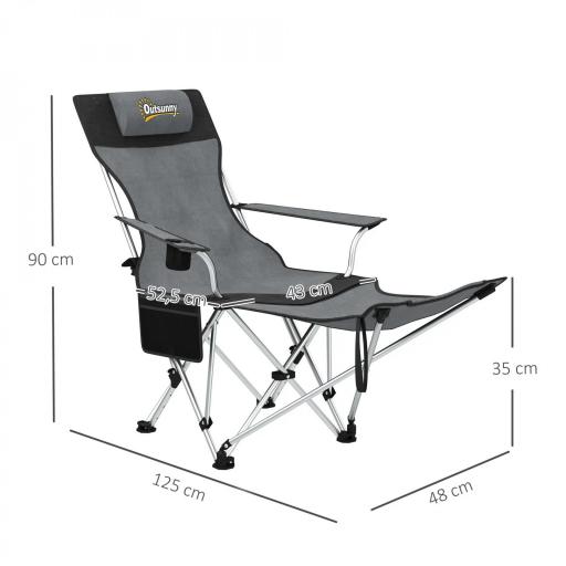 Conjunto de 2 Sillas Plegables Camping con Reposapiés Desmontable Reposacabezas Portavasos y Bolsa 125x48x90 cm Gris [1]