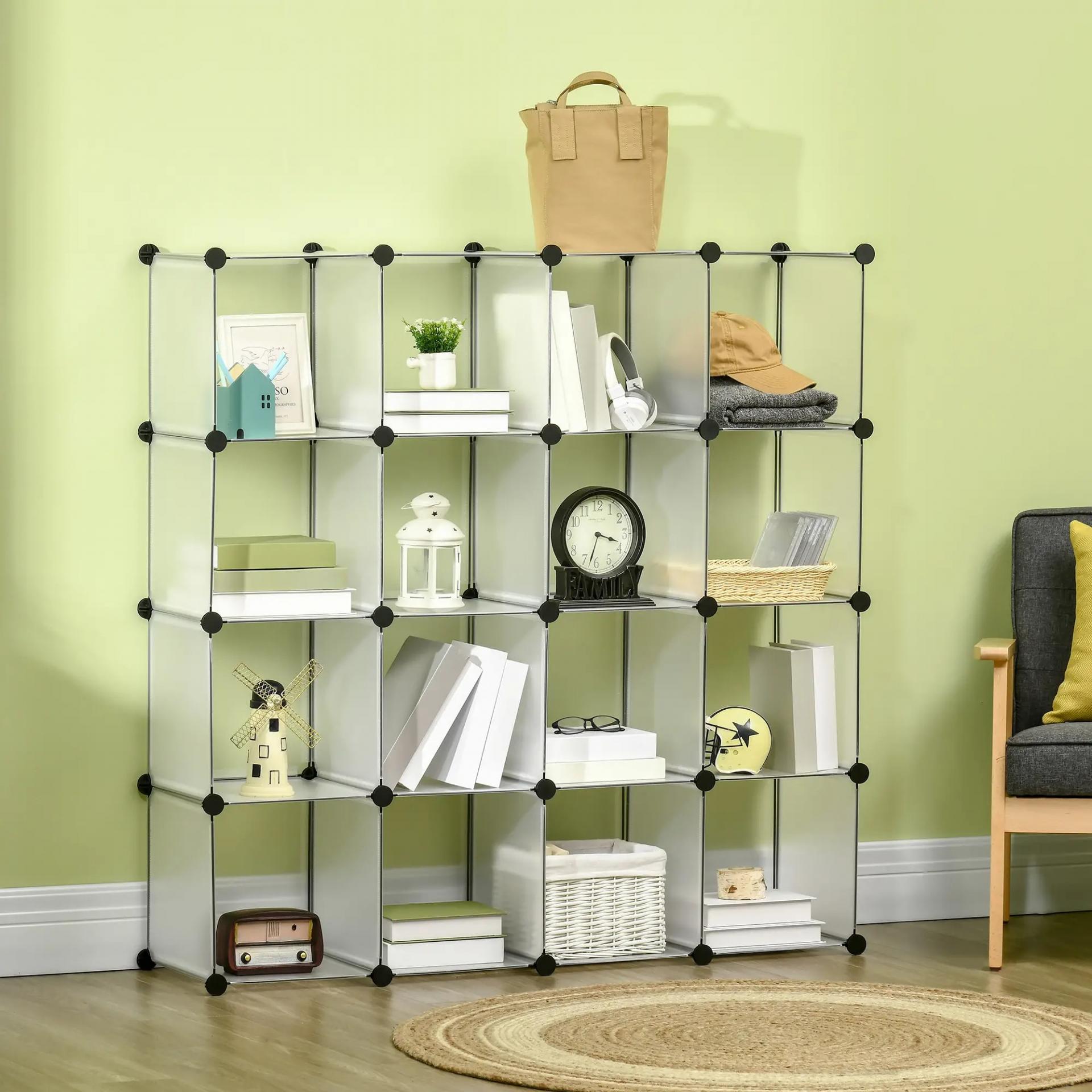 Armario Modular de Plástico Zapatero Organizador con 16 Cubos para Entrada Pasillo Dormitorio 125x32x125 cm Transparente