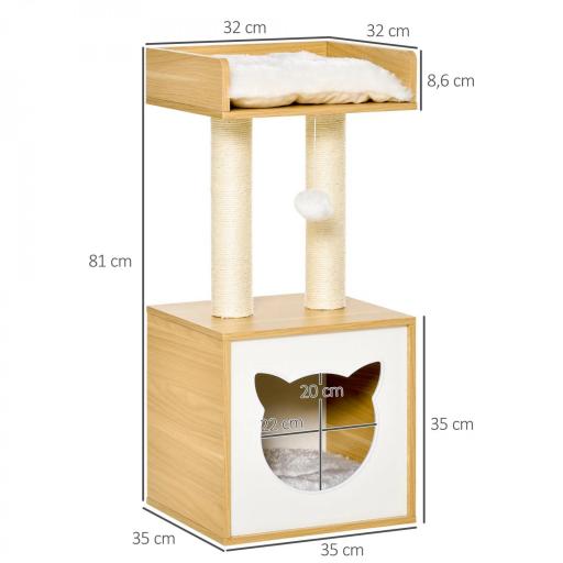 Árbol para Gatos de 2 Niveles con Cueva Cama Superior Postes Rascadores de Sisal Natural Cojines Lavables y Bola de Juguete 35x35x81 cm Roble y Blanco [1]