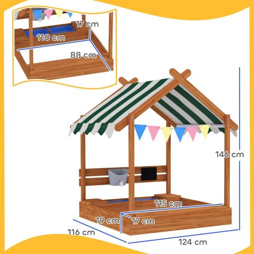 Arenero Infantil con Toldo 6 Banderines 2 Bandejas Grifo y Pizarra en Forma de Casa para Patio 124x116x146 cm Naranja [1]