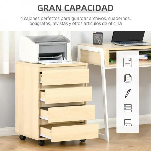 Cajonera de Oficina con 4 Cajones Cajonera de Escritorio con Ruedas para Estudio 46x40x65 cm Natural [4]