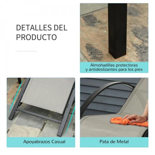 Set de 2 Tumbonas Jardín Exterior con Mesa Auxiliar de Vidrio Templado Tumbonas con Reposabrazos para Patio Terraza Gris [5]