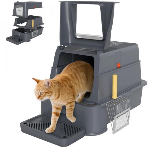 Arenero para Gatos de Acero Inoxidable XL con Tapa Abatible 180° Laterales Altos Pedal Pala Gris Oscuro [8]