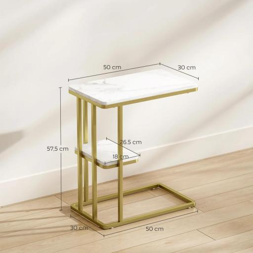 Mesa Auxiliar Estructura en C Estrecha con Estante Mesita de Noche Moderna 50x30x57,5 cm Blanco Efecto Mármol [1]