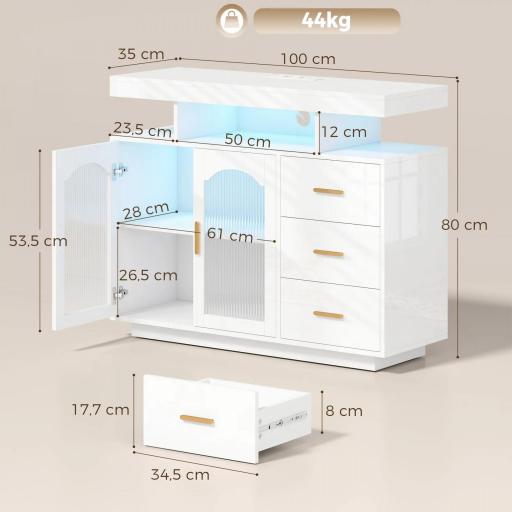 Aparador con LED RGB de 7 Colores Tomas Puertos USB 3 Cajones Estantes Abiertos 2 Puertas 100x35x80 cm Blanco Brillante [1]