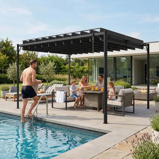 Pérgola de Jardín 3x4 m con Protección UPF 50+ Gazebo con Techo Ajustable Estructura de Metal para Exterior Gris Oscuro [1]