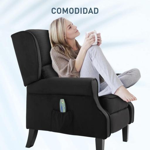 Sillón de Masaje Reclinable con Mando a Distancia 2 Zonas de Masaje y Tapizado en Tejido de Ante 78x83x101 cm Negro [3]