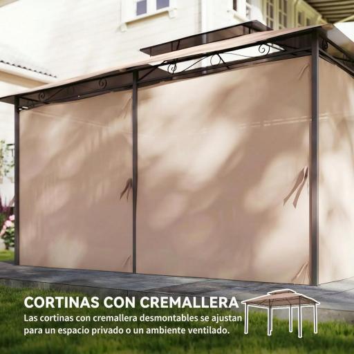 Cenador para Jardín 3x4 m Pabellón de Jardín Gazebo con Doble Techo 6 Paredes Laterales Estructura Metálica Caqui [2]