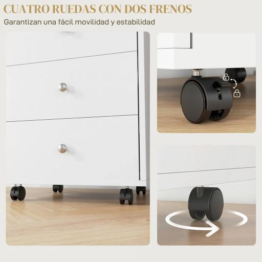 Cajonera de Oficina con 4 Ruedas 3 Cajones y 1 Bandeja Extraíble Carga 30 kg 43x40x66,5 cm Blanco y Natural [3]