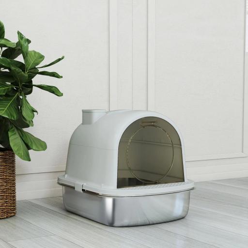 Arenero para Gatos de Acero Inoxidable con Cubierto Bolsa Desodorizante Pala Fácil de Limpiar 52,4x41,3x39,9 cm Gris [6]