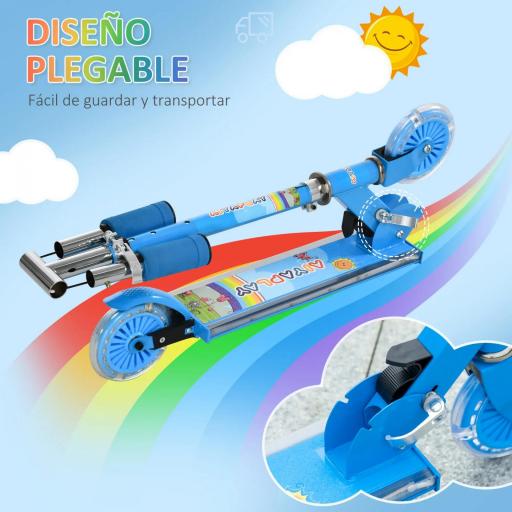 Patinete Infantil Plegable con Luces Música Altura Ajustable Ruedas Brillantes Pedal LED Carga 50kg 67x32x65-78 cm Azul [4]