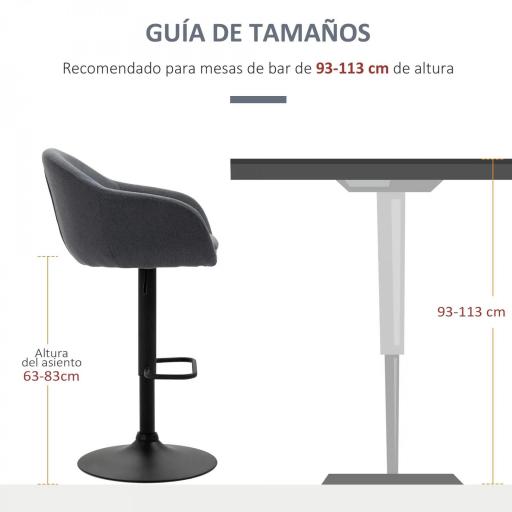 Taburete de Bar Regulable Tapizado de Tela con Reposapiés y Pata de Acero Carga 110 kg 54x54x92-112 cm Gris Oscuro [2]