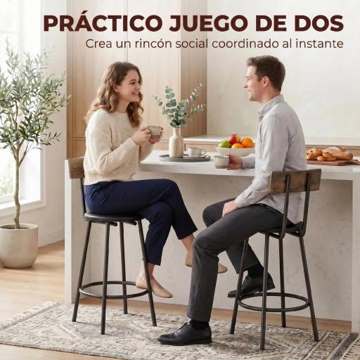 Set de 2 Taburetes de Bar con Respaldo y Reposapiés Tapizados en PU 41x47x92 cm Negro [8]